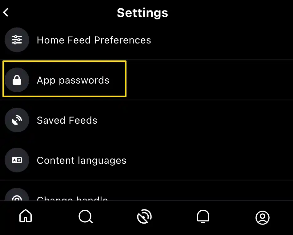 Screenshot of settings page of Bluesky app