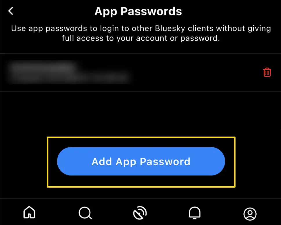 Screenshot of app password page of app