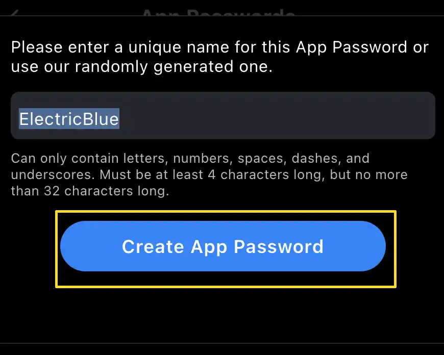 Screenshot of naming a new App Password page of Bluesky app