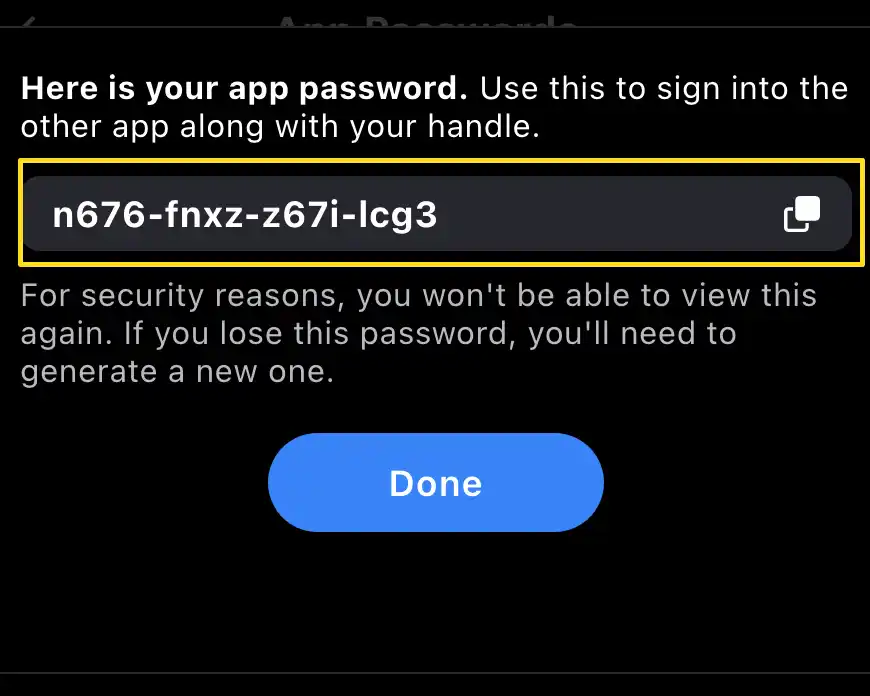 Screenshot of a new App Password in the Bluesky app