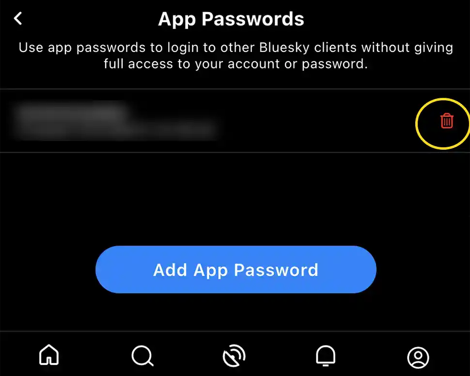 Screenshot of App Passwords page of Bluesky app